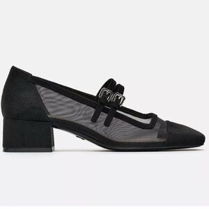 ZARA Black Mesh and suede Heeled MARY JANE DOUBLE STRAP Shoe. Size  40.